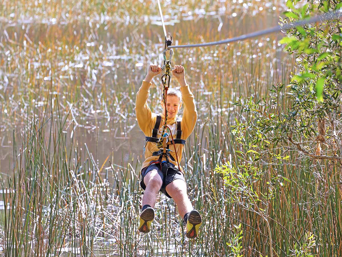 A person ziplining over a marshy area filled with tall reeds, smiling enthusiastically on a sunny day.