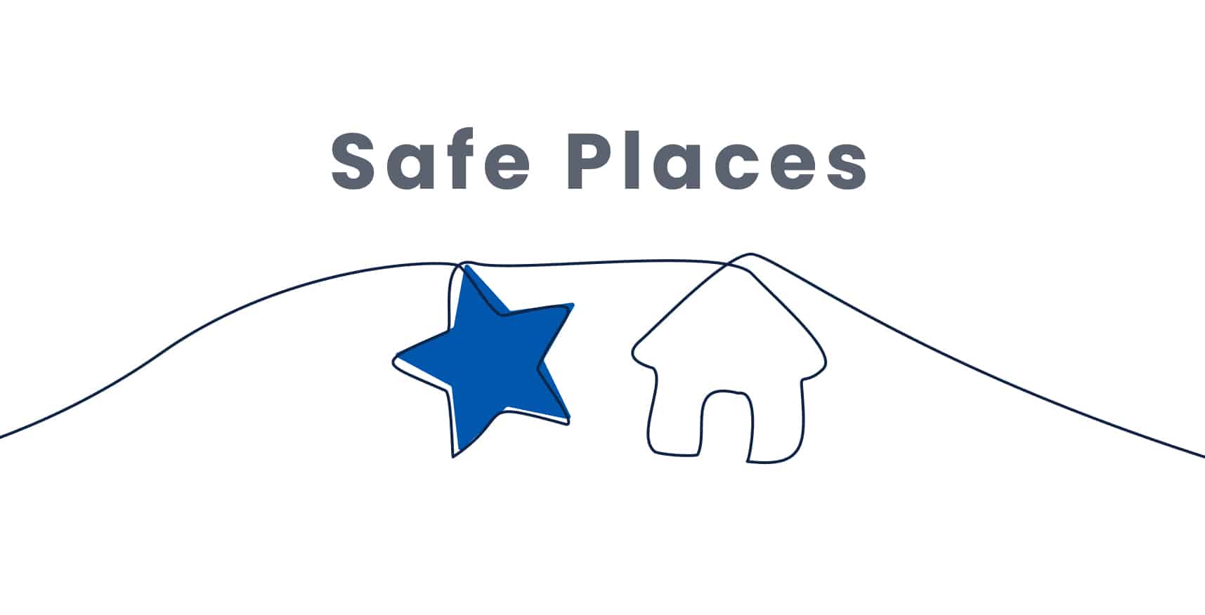 Outline of a star and house with the text "Safe Places" above them against a white background.