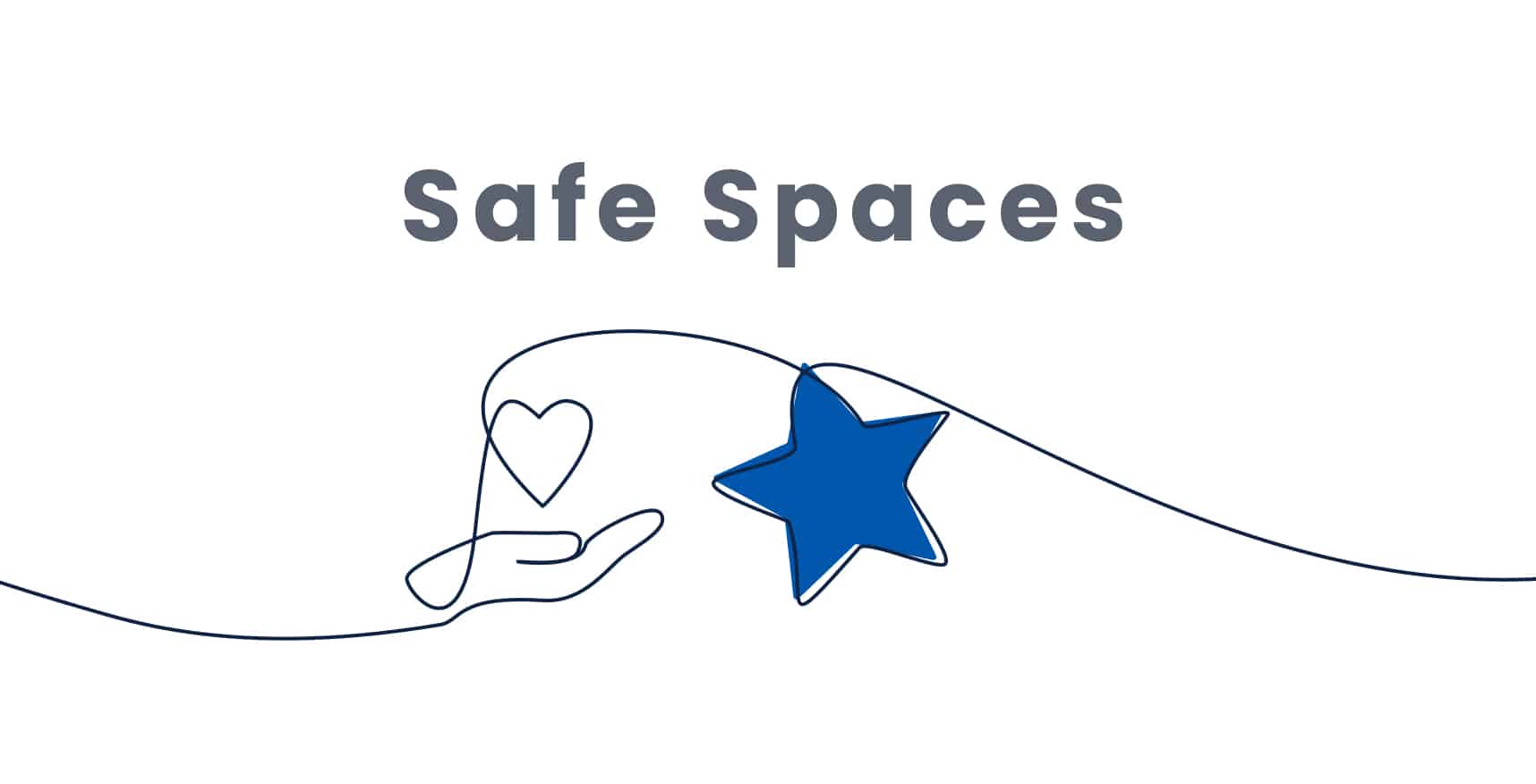 A minimalist drawing shows a hand holding a heart and a star, with the text "Safe Spaces" above.